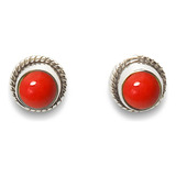 Aros Botón Trenzado Coral Rojo Natural Plata Fina 925