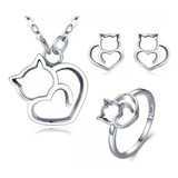 Juego De Collar, Aretes Y Anillo Gato Plata 925 Amour