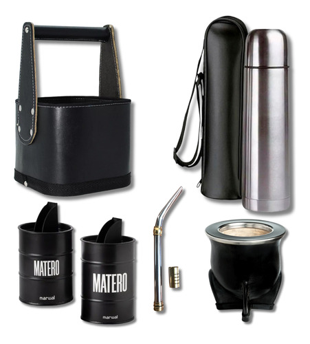 Kit Matero Completo Termo Litro Mate Camionero Cuero + Latas