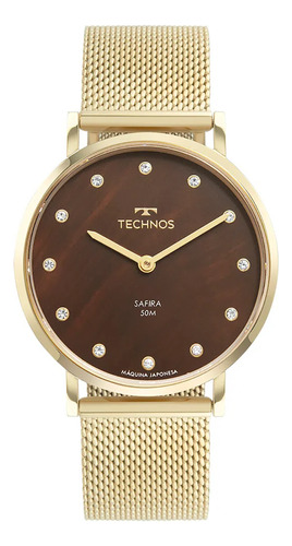 Relógio Technos De Mulher Com Caixa Fina Slim Safira Dourado