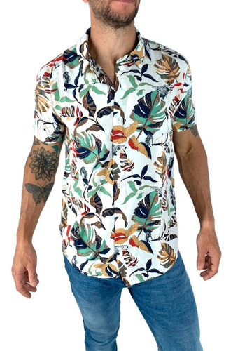 Camisa Zummo Cuba Hawaiana Manga Corta Floreada Hombre