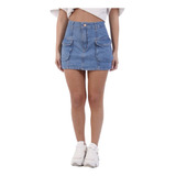 Mini Jean Mujer Cargo Pollera Corta Bolsillos Rigida