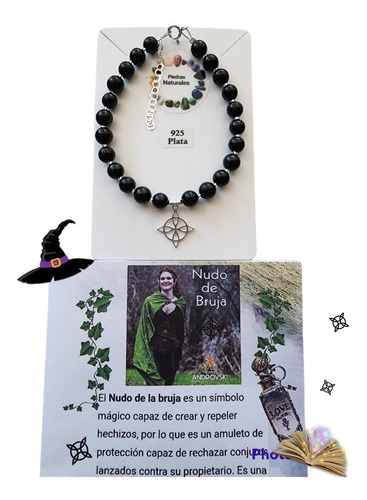 Pulsera Piedra Turmalina Negra 6mm Con Amuleto Nudo De Bruja