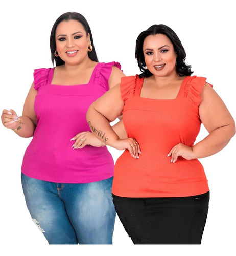 Kit 2 Blusa Regata Feminina Plus Size Cropet Alça Gg 48 50