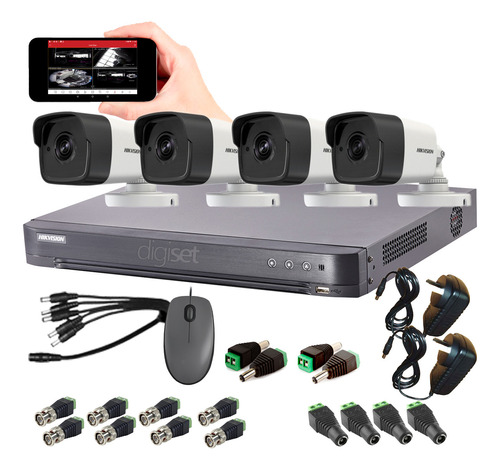 Kit Seguridad Hikvision Dvr 4ch + 4 Camaras Fhd + Conectores