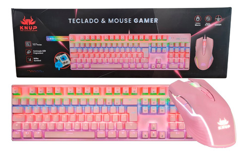 Kit Teclado Mecânico + Mouse, Rosa, Gamer Com Led Rgb