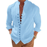 Camisa De Cuello Mao De Color Sólido De Lino Para Hombre