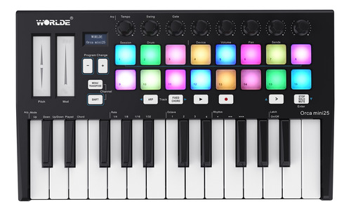 Controlador Midi Con 16 Gatillos Mini25 Worlde Y 25 Teclas