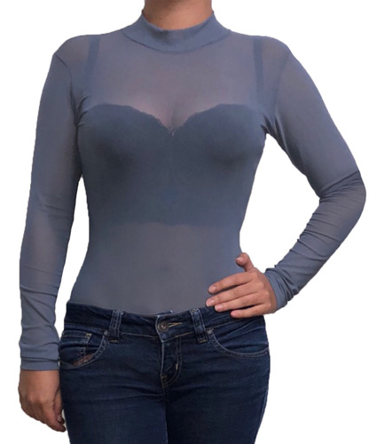 Blusa Body Malla Transparente Cuello Alto Transparencias