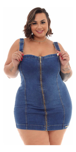 Vestido Jeans Feminino Plus Size Com Alsa E Elastano 