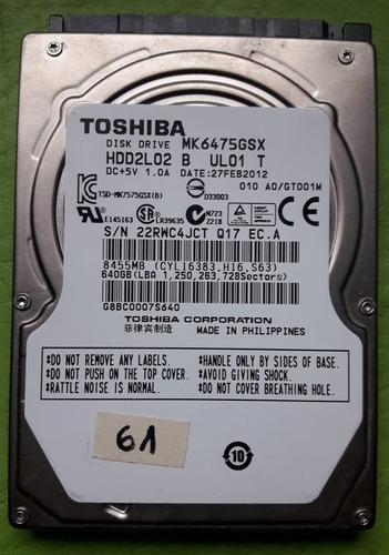 Disco Rigido Notebook Toshiba Mk6475gsx 640 Gb