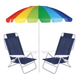 Kit Praia 2 Cadeiras Reclináveis Azul Mor + Guarda Sol 2,20m