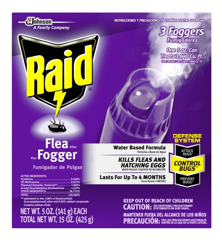 Raid Flea Veneno Chinche Y Pulgas Fumigador 3 Latas 141g 