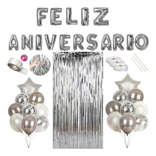 Kit Festa Aniversario Decoração Metalizada Prateado 45 Peças