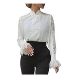 Elegante Blusa Tipo Camisa De Encaje Transparente De Manga L