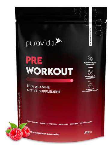 Pre Workout - Beta Alanine - Pre Treino - Puravida - 220g Sabor Framboesa Com Limão