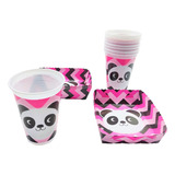 Kit 12 Vasos 12 Platos Decorativos Oso Panda Niña