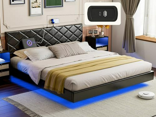 Cama Flotante King Con Luces Led - Negro