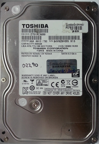 Disco Toshiba Dt01aca050 500gb Sata 3.5 - 2290 Recuperodatos