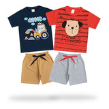 Kit 4 Peças Roupa Infantil Masculina 2 Blusas E 2 Bermudas 