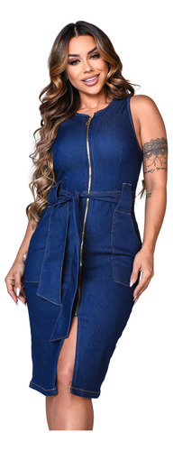 Vestido Feminino Jeans Mid Evangélico Zíper Cinto Com Lycra