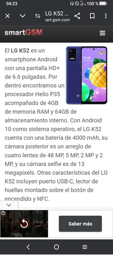 Celular LG K52 64 Gb + 4 Gb Ram Azul Color Blue