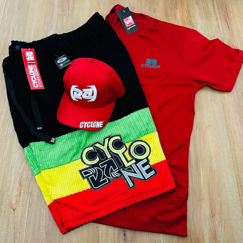 Kit Bermuda Cyclone Veludo Reggae Preta + Camisa E Boné Top