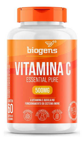 Vitamina C Essential Pure 500mg, 60 Cápsulas, Biogens, Full Sabor Neutro