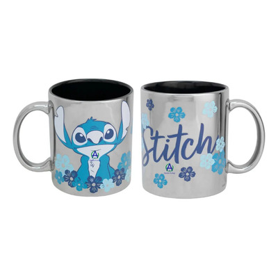 Taza Stitch Metalizada Flores Hibisco Café Disney Plateado