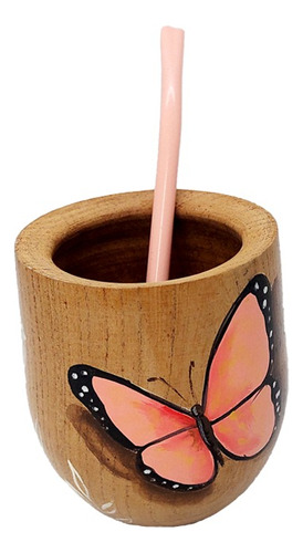 Mate De Madera Pintado Mariposas - Algarrobo