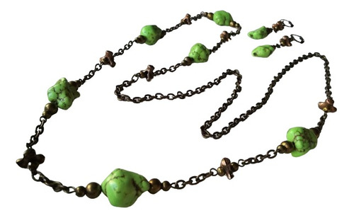 Collar Y Aros De Piedras Reconstituidas Verde Flúo 10013