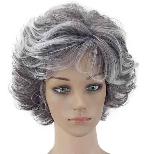 Peruca Curta Feminina Cabelo Mechas Grisalho Branco Natural