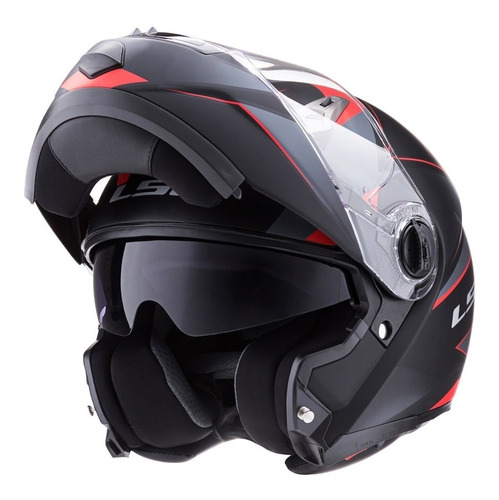 Casco Ls2 Rebatible 370 Stripe Negro Rojo Doble Visor Fas