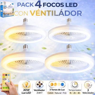 Foco Led Lámpara Led Ventilador De Techo 3 Velocidades Pack 4 Piezas Silencioso Rosca E27 Dosyu 30w Dimebale Con Control Remoto Luz Fria Natural Calida Blanco Frio/natural/cálido