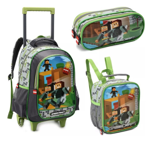 Kit Escolar Mochila Rodinha Minecraft Infantil 2024 C/ Alça