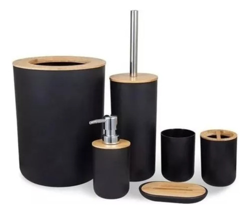 Set Baño Bambu Y Plastico X6pzs Cesto Escobilla Jabon Benabi