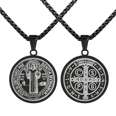 Zivor Collar Medalla San Benito Dije Cadena Acero Inoxidable Ambos Lados Aptos Para Usar Redondo/oval/cruz Accesorios Joyería De Amuleto Regalo Para Felicitaciones De Fiestas Negro