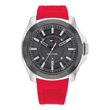 Reloj Tommy Hilfiger Hombre Sport Lux 1792135 Malla Rojo Bisel Plateado Fondo Gris Oscuro