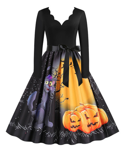 Vestido Halloween Fashion Para Mujer, Manga Larga, Cuello En