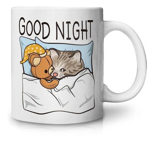 Taza Good Night Meme Michi Gato Triste Con Osito 