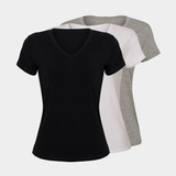 Kit 3 Blusa Camiseta Baby Look Feminina Gola V Basica Lisa