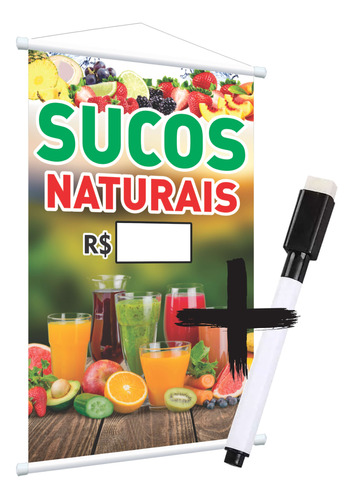 Banner Temos Sucos Naturais Frutas + Caneta 1mx63cm