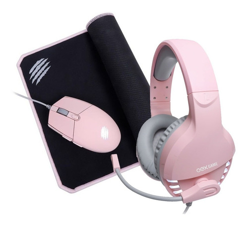 Headset Gamer Pink Fox Rosa 7.1 Usb + Combo Gamer Mouse Arya
