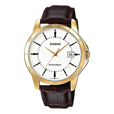 Reloj pulsera Casio MTP-V004GL-9 con correa de cuero color marrón - fondo blanco - bisel dorado | Envío gratis