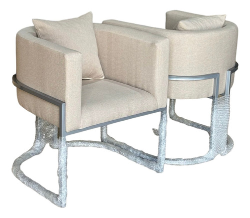 Poltrona Cadeira Decorativa Base De Metal Linho Bege
