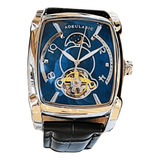 Relógio Masculino Luxo Quadrado Couro Fundo Azul Automático 