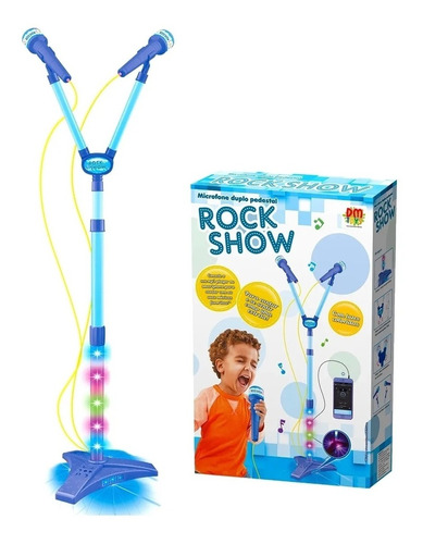 Microfone Infantil Musical Duplo C Luz Na Base Infantil Azul