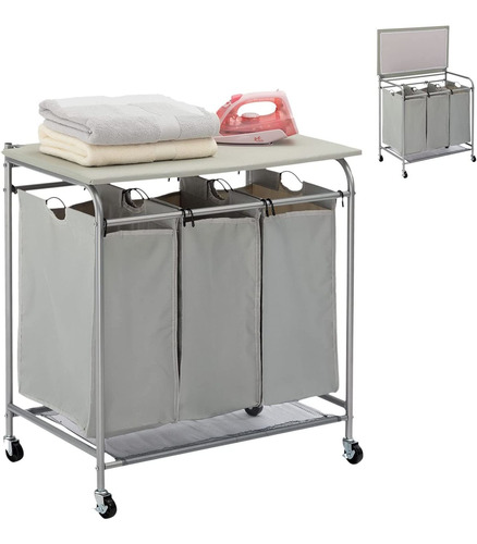 Carrito Organizador De Ropa Sucia Con Mesa De Planchar, Gris