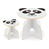 Mesa Infantil Com Banquinho Madeira Panda Branco Unissex