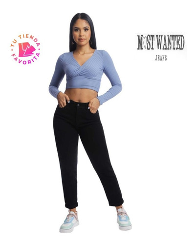 Most Wanted Jeans Dama Mom Cropped Negro Recto Diseño Colomb